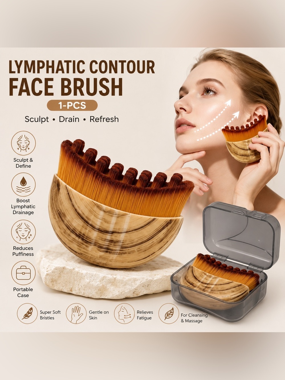 Lymphatic Contour Face Brush - Wood Tone with Amber Bristles